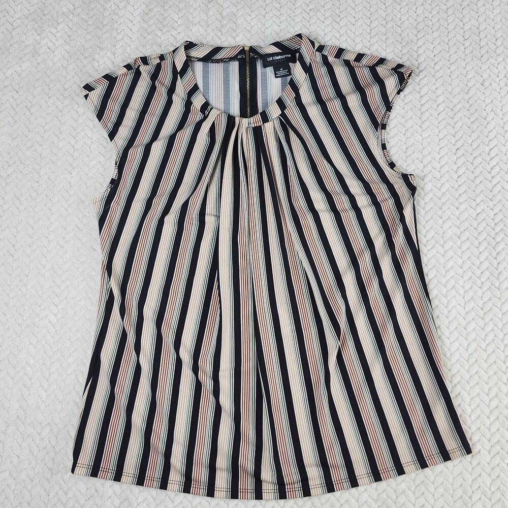 Liz Claiborne Pleated Blouse Womens Medium Multicolor Stripe Zip Business Casual